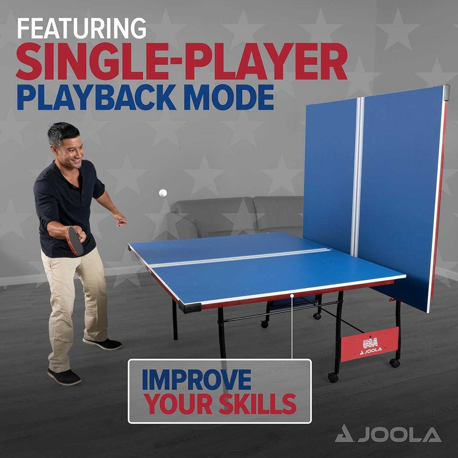 Man playing on foldable indoor ping pong table in single-player playback mode for skill improvement