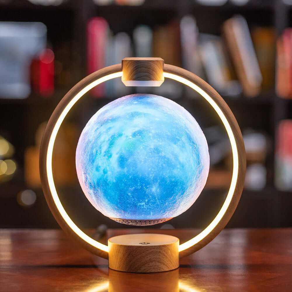 Floating Moonlight Bluetooth Speaker levitating with colorful glow and circular light frame on wooden base