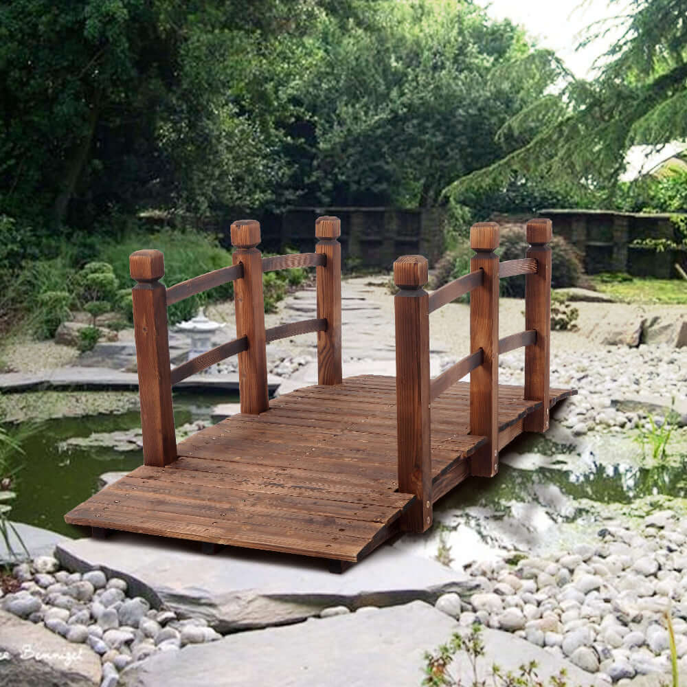wooden garden bridge overhead view showing 26 inch walkway width