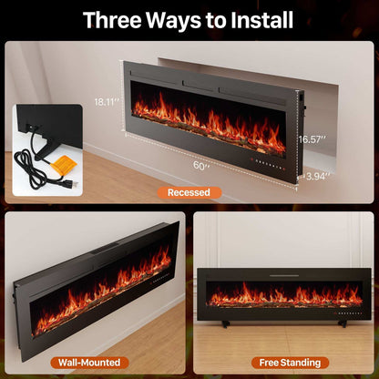 CozyFlame Electric Fireplace Insert showing recessed, wall-mounted, and freestanding installation options with flame effects.