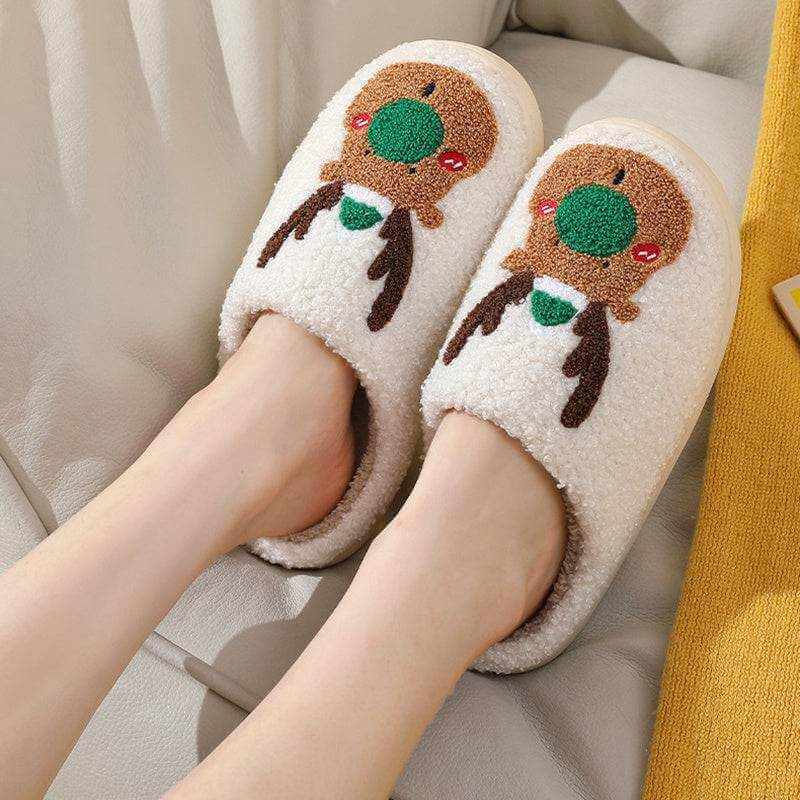 Cozy Elk Winter Home Slippers with plush lining and elk motif, warm and anti-slip slip-on design