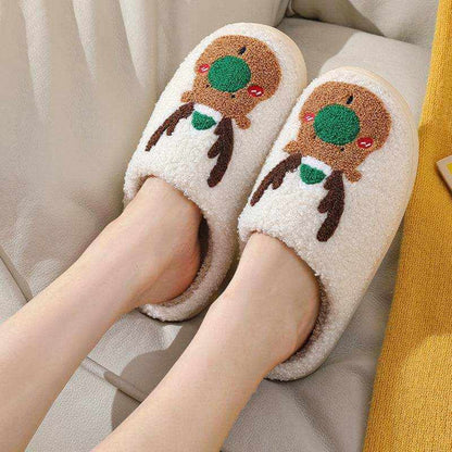 Cozy Elk Winter Home Slippers with plush lining and elk motif, warm and anti-slip slip-on design