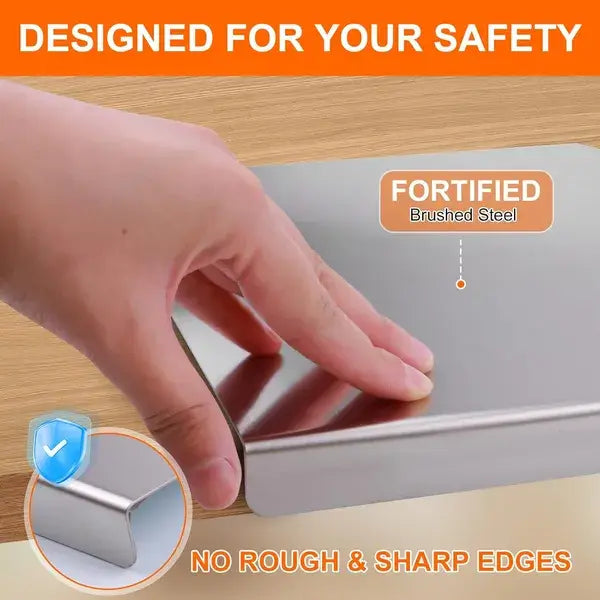 Stainless steel cutting board with lid closed on countertop