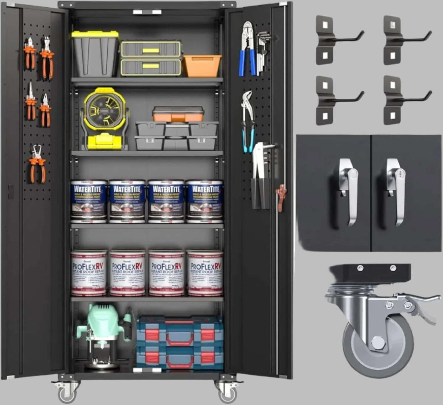 Rolling garage organizer with lockable doors, 4 adjustable shelves, and smooth-rolling wheels for secure and mobile tool storage.