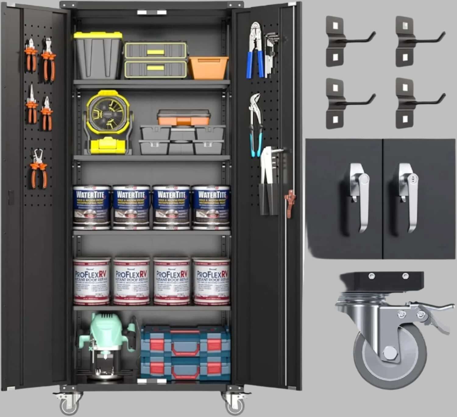 Rolling garage organizer with lockable doors, 4 adjustable shelves, and smooth-rolling wheels for secure and mobile tool storage.