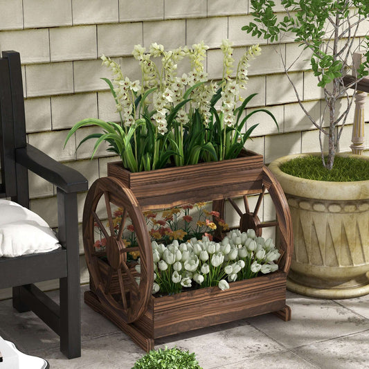 3-tier wooden wagon planter box vintage wheel design patio garden