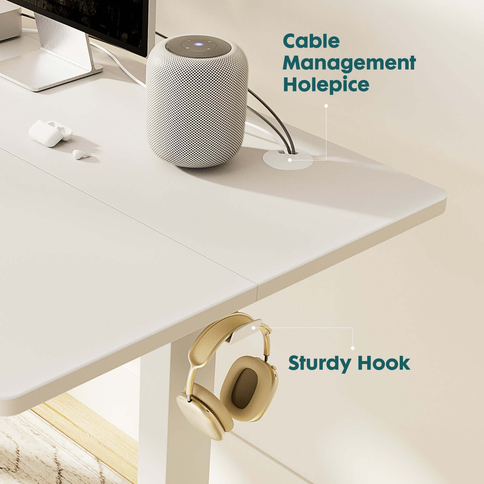 Ergonomic Height Adjustable Table with cable management hole and sturdy hook for headphones.