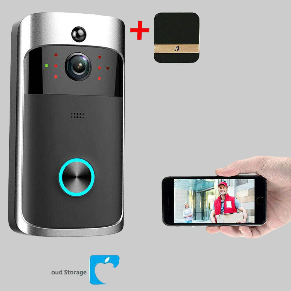 HomeGuard Smart Video Doorbell with HD camera, two-way audio, motion alerts, night vision, and free cloud storage, shown with doorbell button and mobile app view.