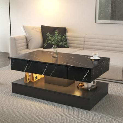 Modern black LED coffee table with storage drawer and RGB lighting in living room