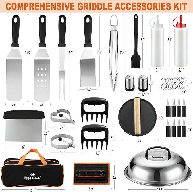 35-piece Ultimate Outdoor Grilling Set with stainless steel tools, black handles, and carry bag, including spatulas, tongs, meat claws, burger press, and accessories.
