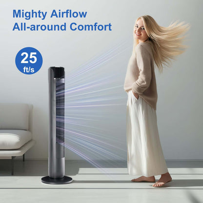 standing fan living room lifestyle grey tower fan next to sofa