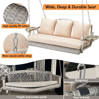 Porch Comfort Swing Basket with beige cushions, gray rattan, metal frame, fold-up side tables, and extended chains for outdoor use