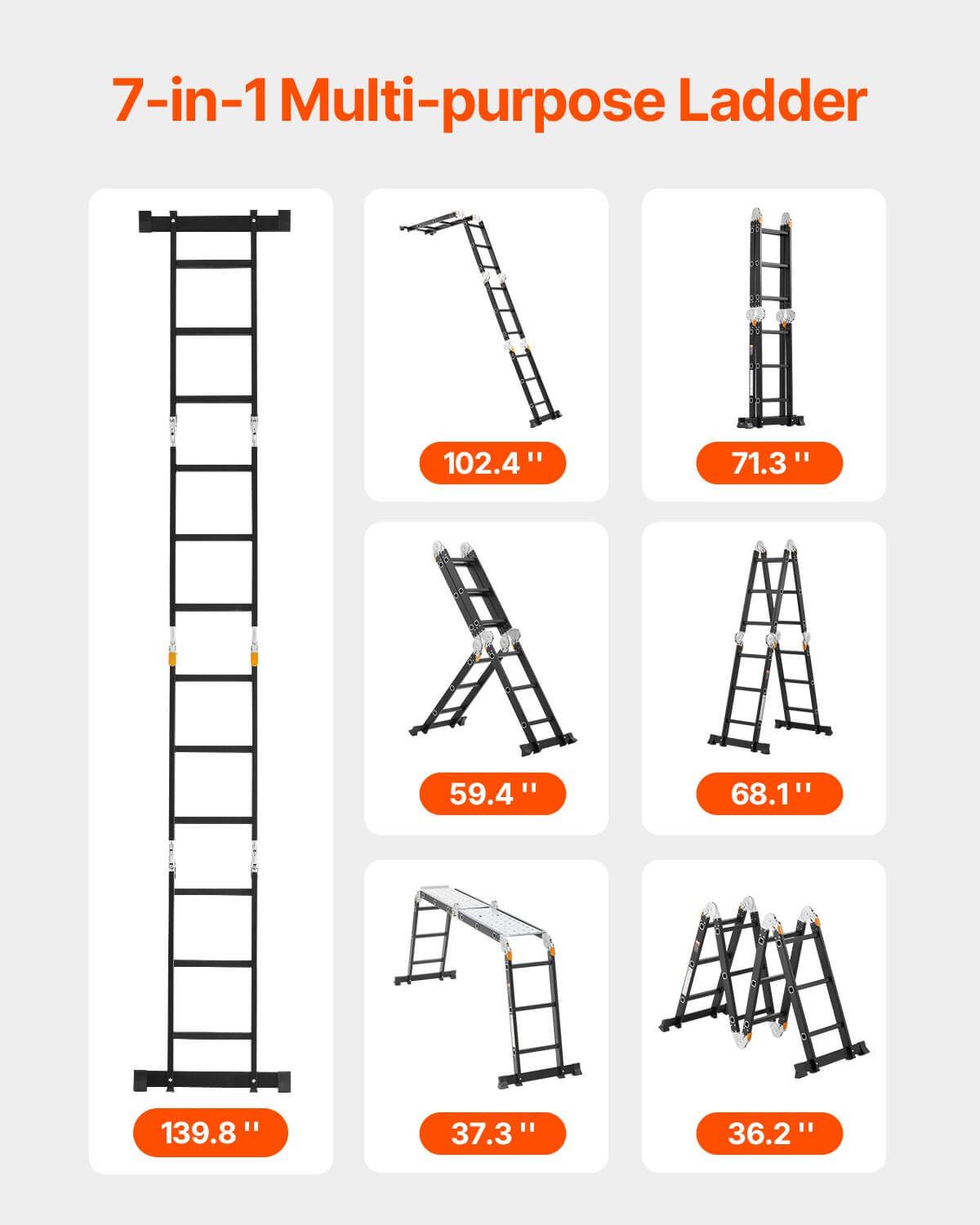 Heavy-duty folding ladder in 7 configurations for versatile home use, including A-frame and straight ladder options.