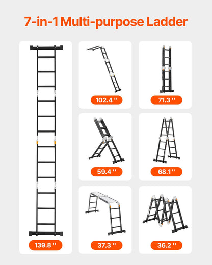 Heavy-duty folding ladder in 7 configurations for versatile home use, including A-frame and straight ladder options.