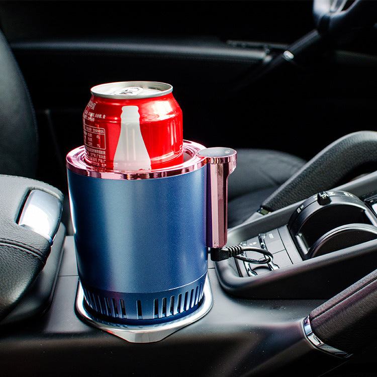 Smart car cup warmer cooler in blue holding a soda can in a car cup holder with digital temperature control and USB cable attached
