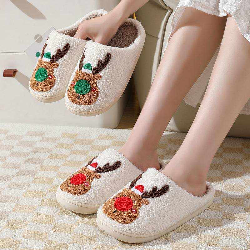 Cozy Elk Winter Home Slippers with plush lining, elk motif, anti-slip soles, and closed-toe design