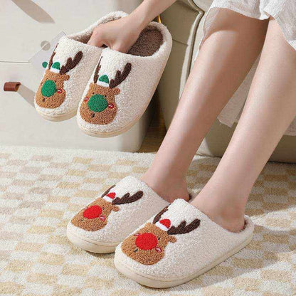Cozy Elk Winter Home Slippers with plush lining, elk motif, anti-slip soles, and closed-toe design