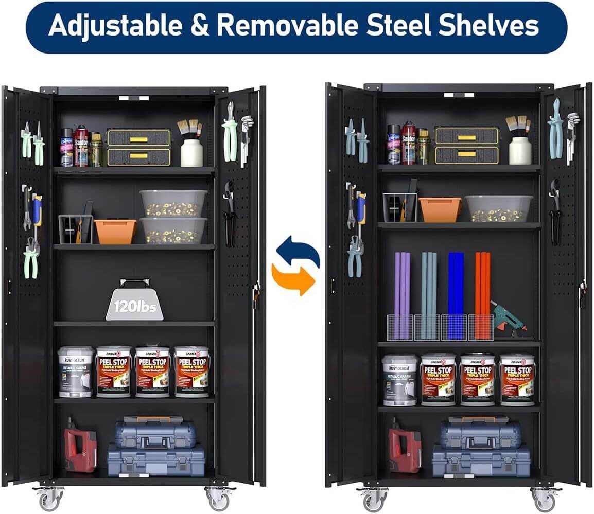 Rolling garage organizer with lockable doors, 4 adjustable steel shelves, heavy-duty build, and smooth rolling wheels for secure tool storage.