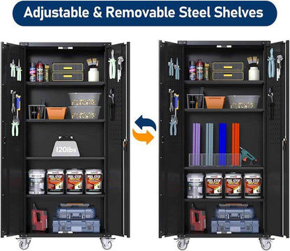 Rolling garage organizer with lockable doors, 4 adjustable steel shelves, heavy-duty build, and smooth rolling wheels for secure tool storage.