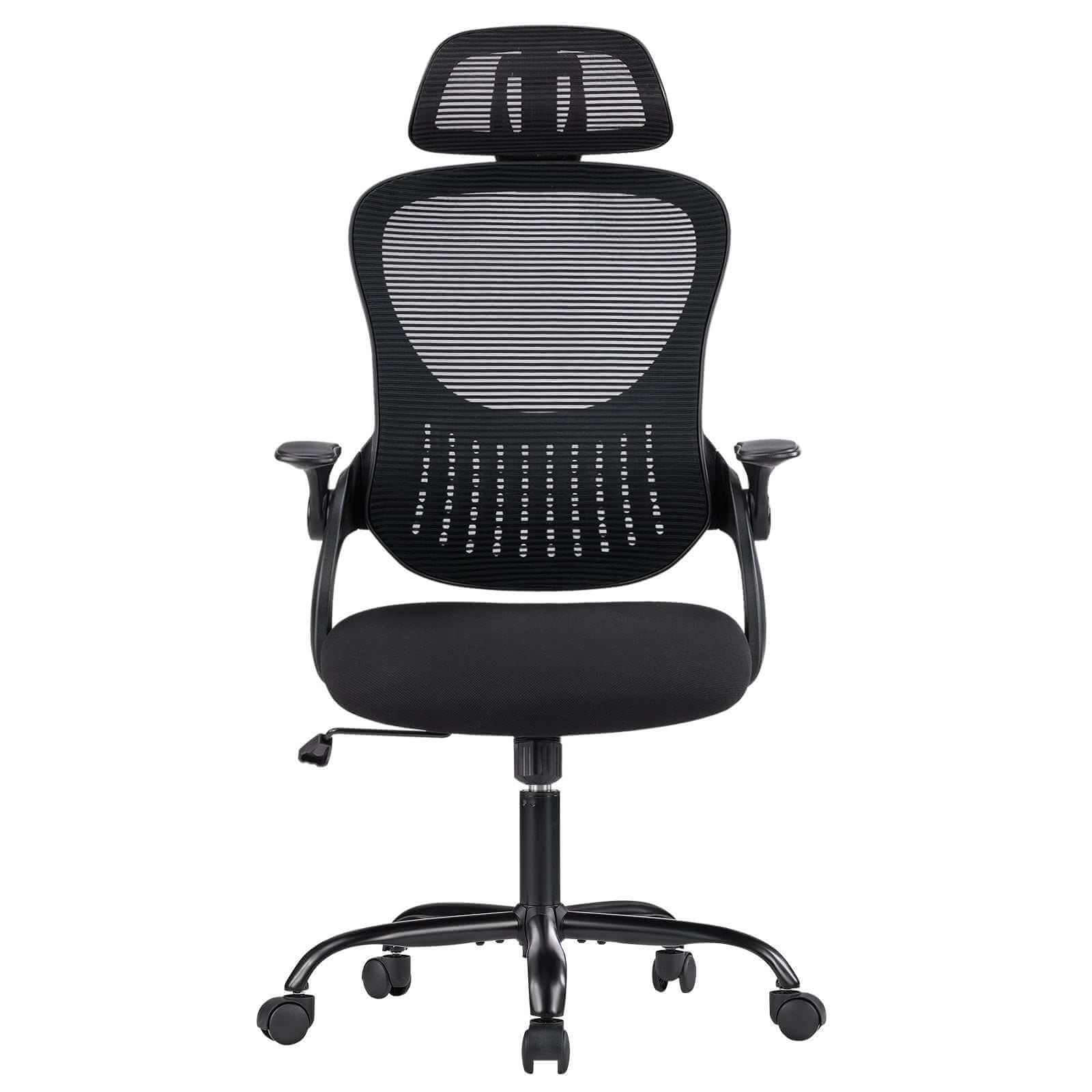 Ergonomic office chair with tall mesh back, adjustable headrest, flip-up arms, and smooth casters for all-day comfort and mobility