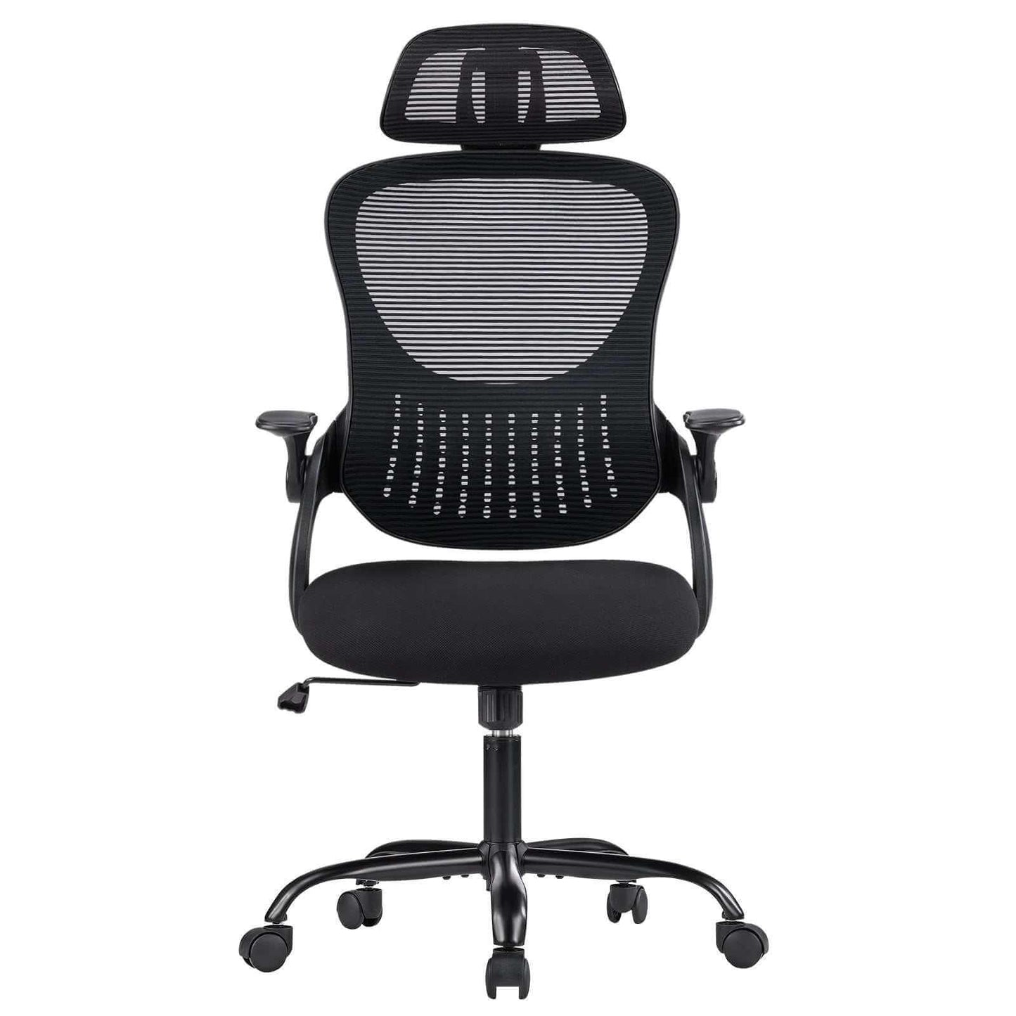 Ergonomic office chair with adjustable headrest, mesh back, flip-up arms, and smooth casters for all-day comfort and support