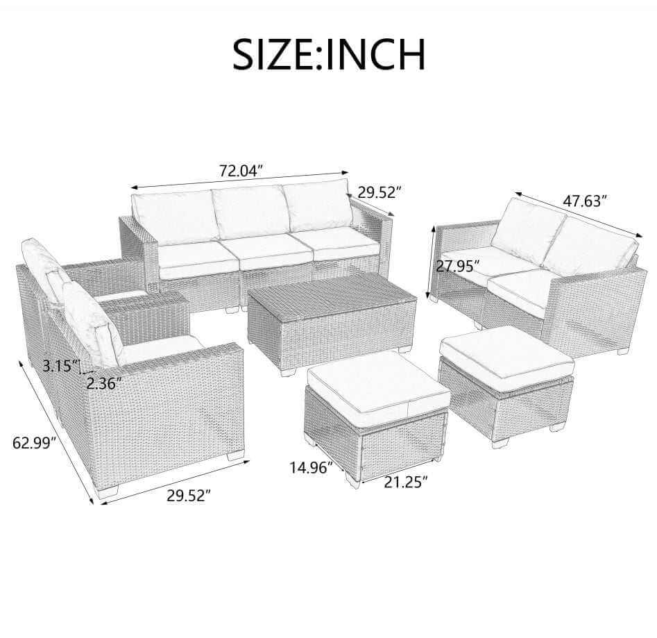 Cozy Outdoor Patio Set 10 piece modular seating with sofa, loveseat, ottomans, and coffee table dimensions diagram