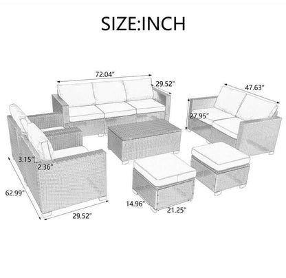 Cozy Outdoor Patio Set 10 piece modular seating with sofa, loveseat, ottomans, and coffee table dimensions diagram