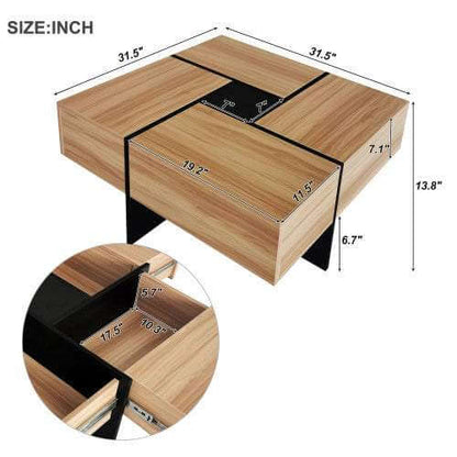 Smart storage coffee table with extendable sliding top and 4 hidden compartments in wood finish