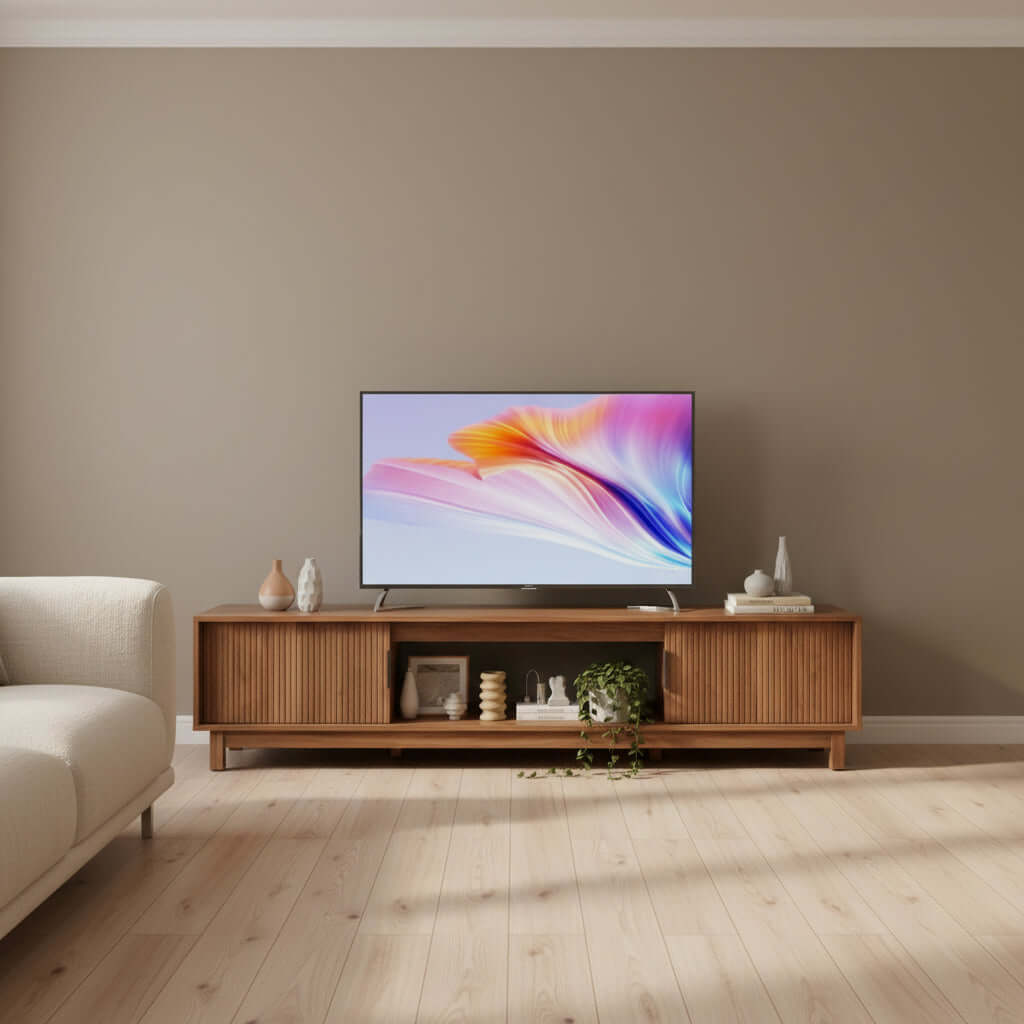 mid century modern TV stand 70 in wide wood grain front view living room