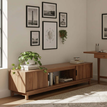 Mid Century Modern TV Stand with Storage & Cable Management in a cozy living room setting.