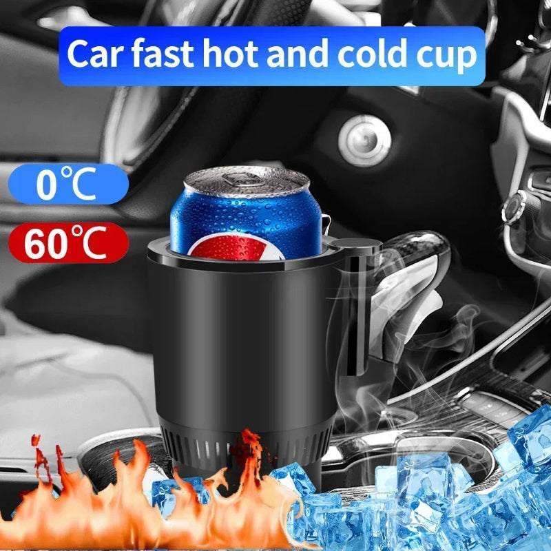 Smart car cup warmer cooler with temperature control holding a cold can inside a car cup holder surrounded by ice and flames