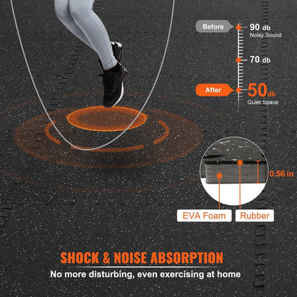 Interlocking gym floor mats with EVA foam and rubber layers for shock and noise absorption during home workouts