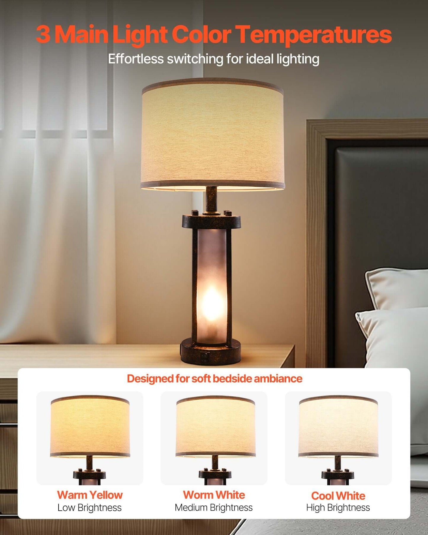 Farmhouse Bedside Table Lamps featuring 3 light color temperatures for ideal bedside ambiance.