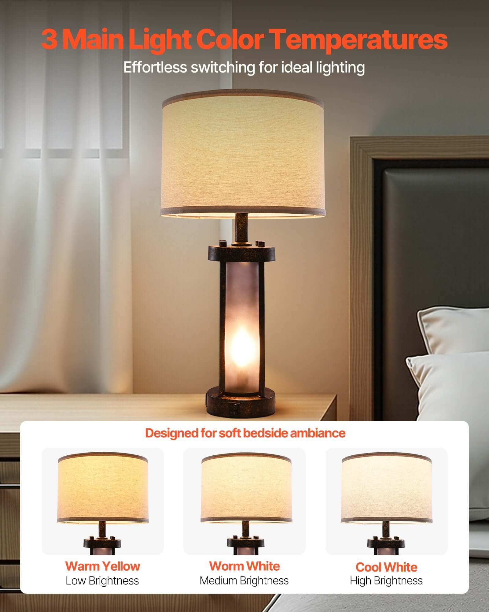 Farmhouse Bedside Table Lamps featuring 3 light color temperatures for ideal bedside ambiance.