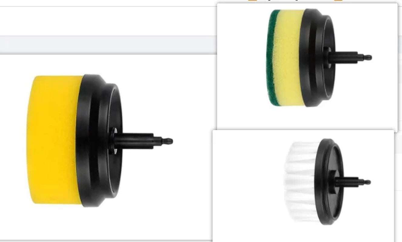 Interchangeable brush heads for Magic Clean Electric Scrubber including yellow sponge, yellow-green scouring pad, and white bristle brush attachments