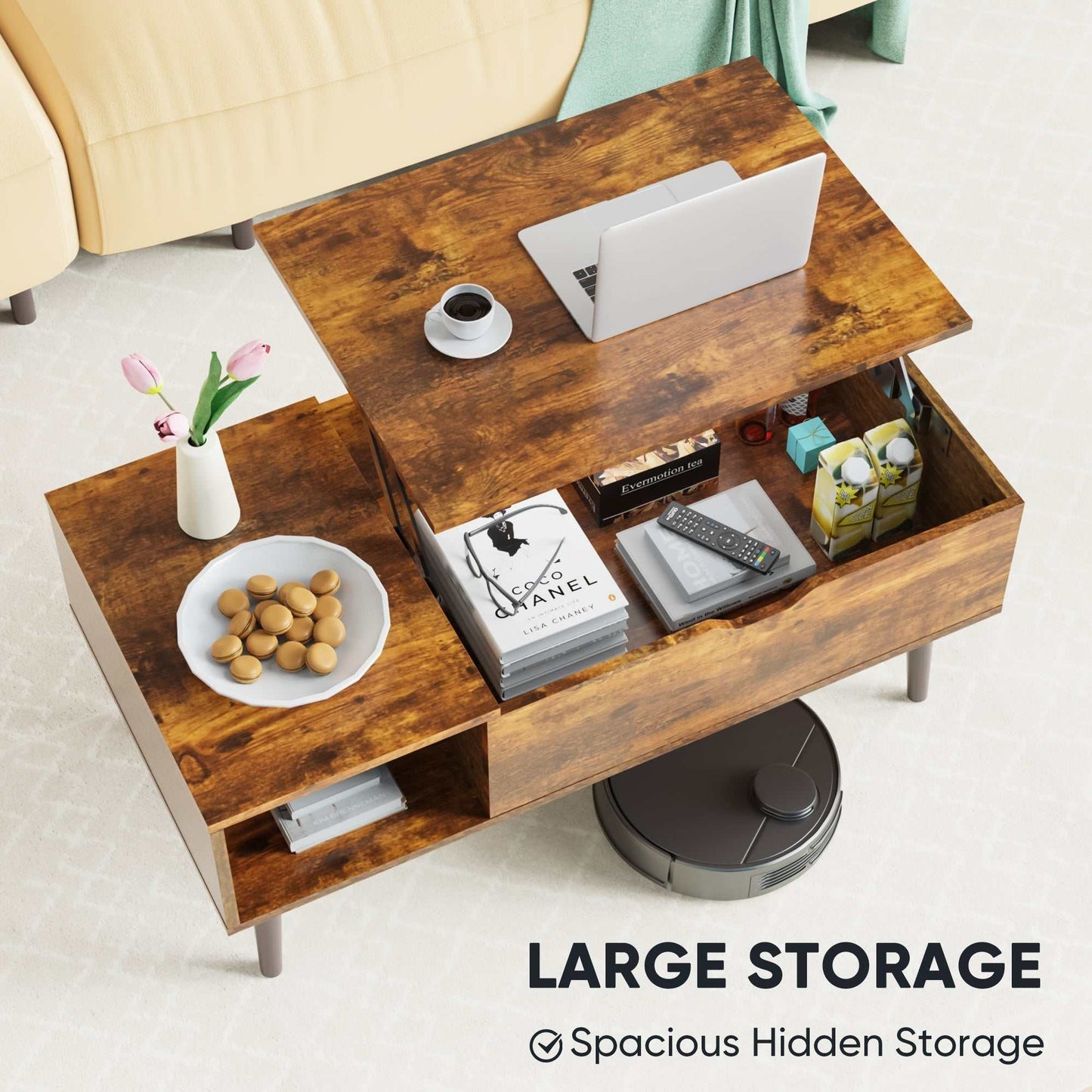 Rustic brown lift top coffee table with hidden storage, side shelves, and steel frame design