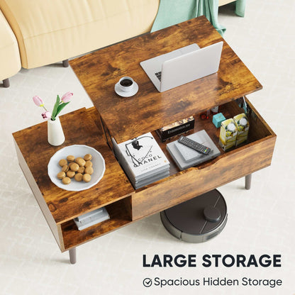Rustic brown lift top coffee table with hidden storage, side shelves, and steel frame design