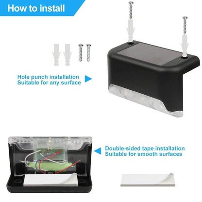 Solar deck light showing hole punch and double-sided tape installation methods for outdoor use