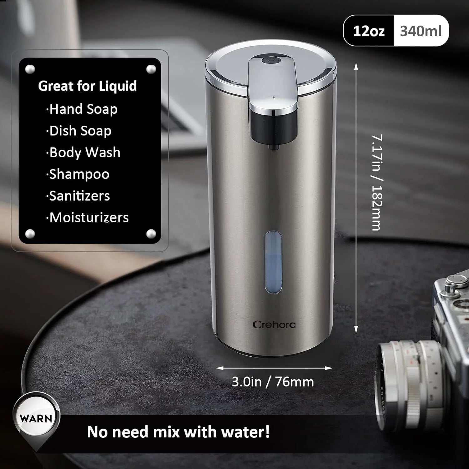 Touchless stainless steel automatic soap dispenser with 340ml capacity and adjustable volume for hand soap, dish soap, shampoo, and sanitizers