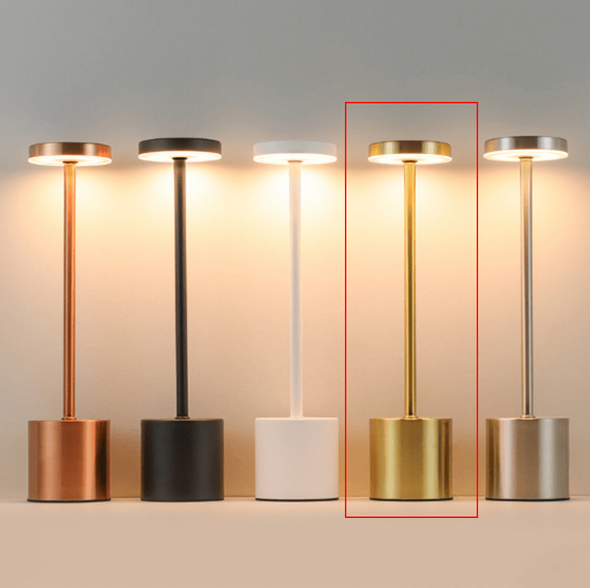 TouchGlow LED lamp with touch sensor design, showcasing its modern style and warm light in various finishes.