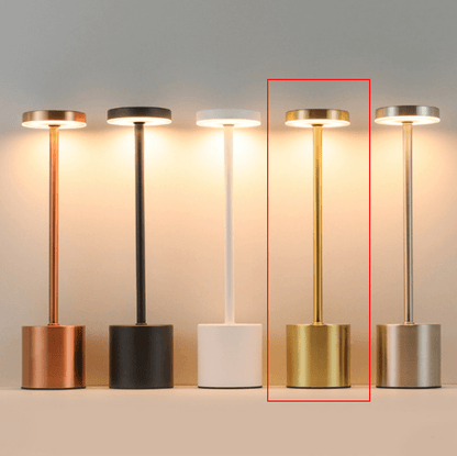 TouchGlow LED lamp with touch sensor design, showcasing its modern style and warm light in various finishes.