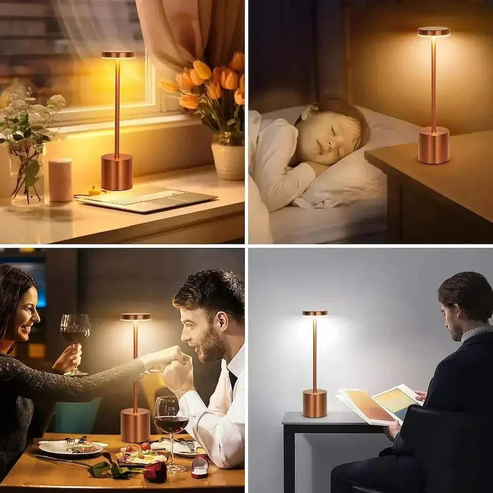 TouchGlow LED lamp with touch sensor, showcasing versatile usage in reading, dining, and relaxing settings.