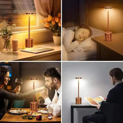 TouchGlow LED lamp with touch sensor, showcasing versatile usage in reading, dining, and relaxing settings.