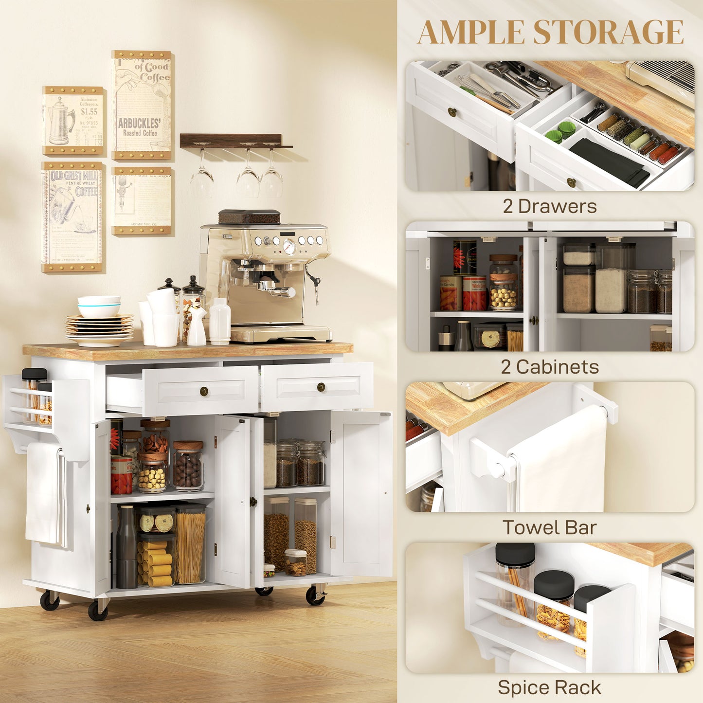 kitchen island cart with open storage cabinets and adjustable shelf