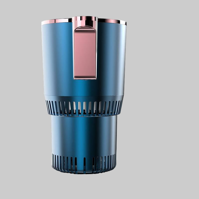 Smart car cup warmer cooler in blue with rose gold accents for heating and cooling beverages in cars and offices