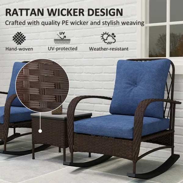 Rattan Chaise Lounge Chair with blue cushions and side table, featuring hand-woven PE wicker design, ideal for patios and poolside areas.