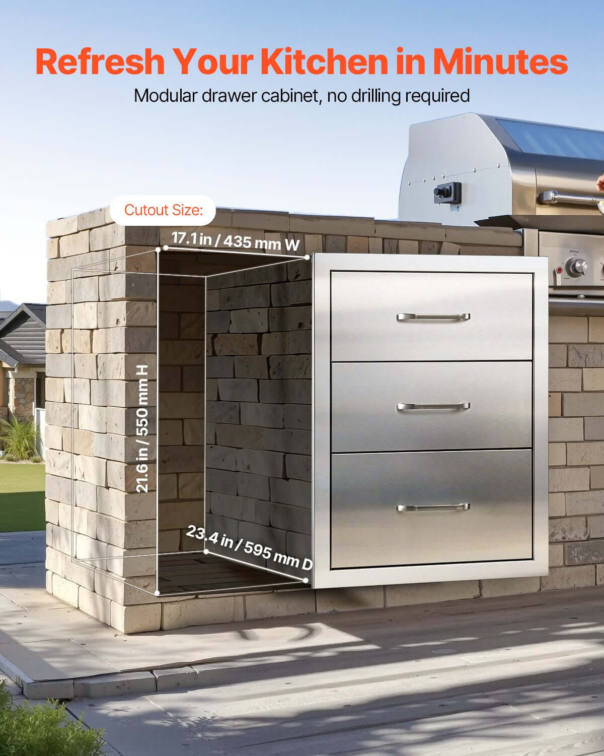 outdoor kitchen drawer cabinet open drawer storage view