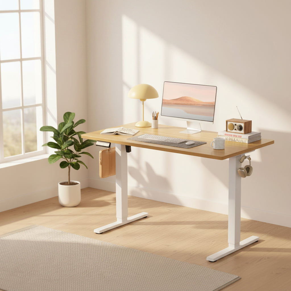 Ergonomic Height Adjustable Desk with wooden top, keyboard, lamp, and monitor for a modern workspace