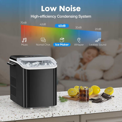 Black QuickChill portable ice maker on kitchen counter with low noise indicator and ice cubes inside