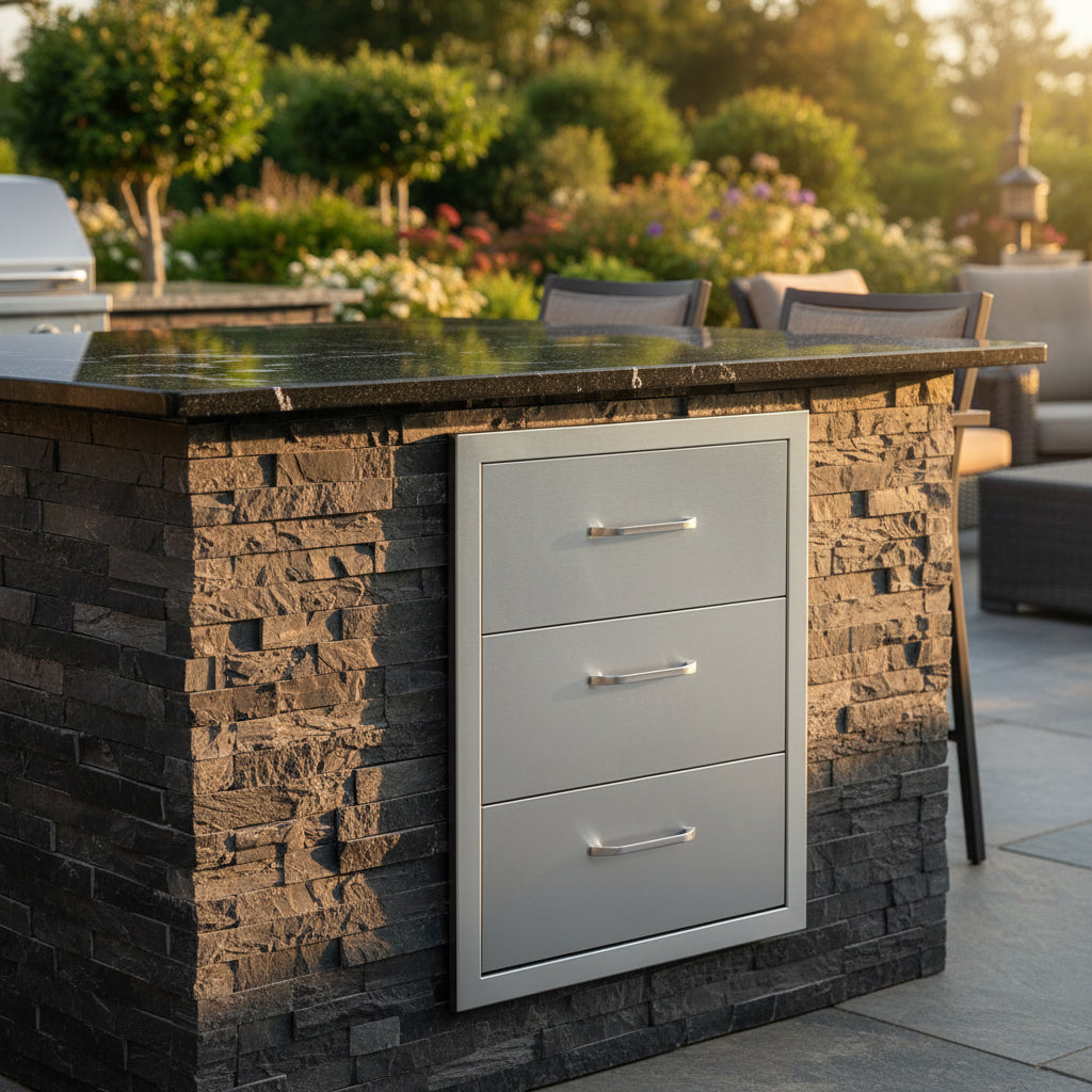 outdoor kitchen drawer cabinet stainless steel front view